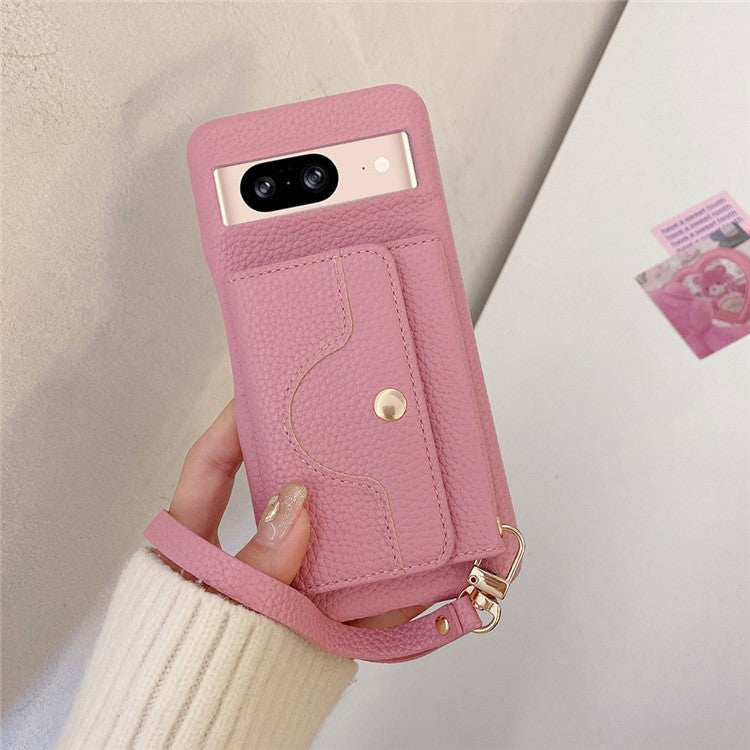 For Google Pixel 8 Case Mirror Design PU Leather Back Cover with Card Slots, Wrist Strap - Pink