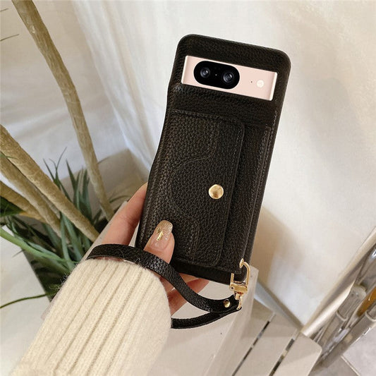 For Google Pixel 8 Case Mirror Design PU Leather Back Cover with Card Slots, Wrist Strap - Black