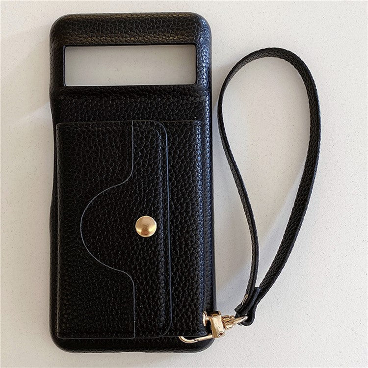 For Google Pixel 8 Case Mirror Design PU Leather Back Cover with Card Slots, Wrist Strap - Black