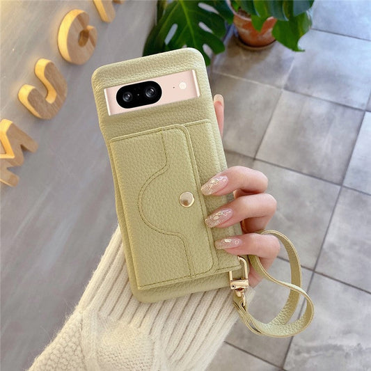 For Google Pixel 8 Case Mirror Design PU Leather Back Cover with Card Slots, Wrist Strap - Green