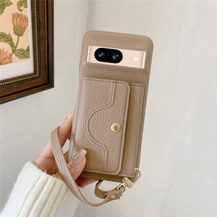 For Google Pixel 8 Case Mirror Design PU Leather Back Cover with Card Slots, Wrist Strap - Light Brown