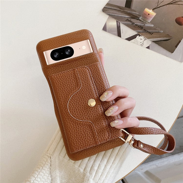For Google Pixel 8 Case Mirror Design PU Leather Back Cover with Card Slots, Wrist Strap - Dark Brown