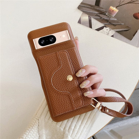 For Google Pixel 8 Case Mirror Design PU Leather Back Cover with Card Slots, Wrist Strap - Dark Brown