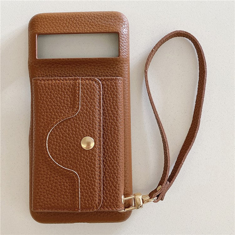 For Google Pixel 8 Case Mirror Design PU Leather Back Cover with Card Slots, Wrist Strap - Dark Brown