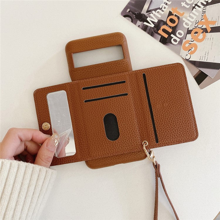 For Google Pixel 8 Case Mirror Design PU Leather Back Cover with Card Slots, Wrist Strap - Dark Brown