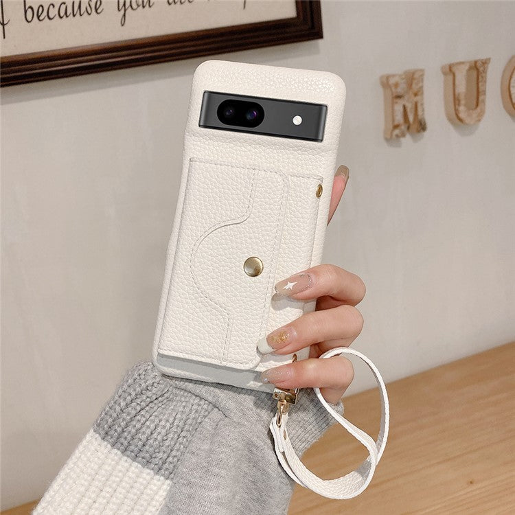 For Google Pixel 8a Case Mirror Design PU Leather Back Cover with Card Slots, Wrist Strap - White