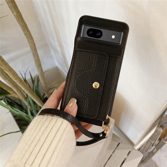 For Google Pixel 8a Case Mirror Design PU Leather Back Cover with Card Slots, Wrist Strap - Black