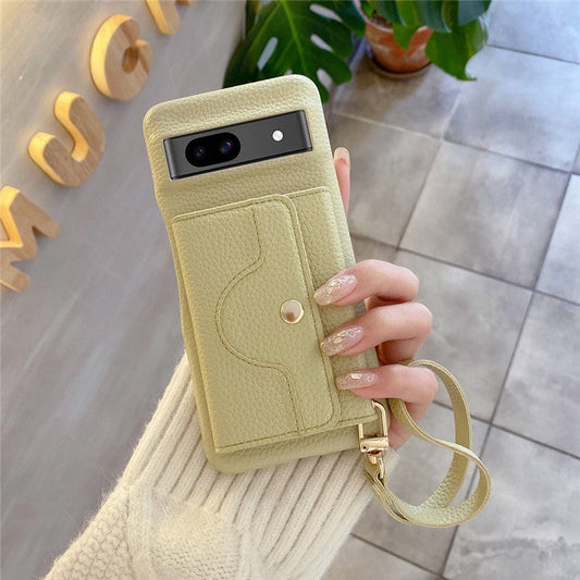 For Google Pixel 8a Case Mirror Design PU Leather Back Cover with Card Slots, Wrist Strap - Green