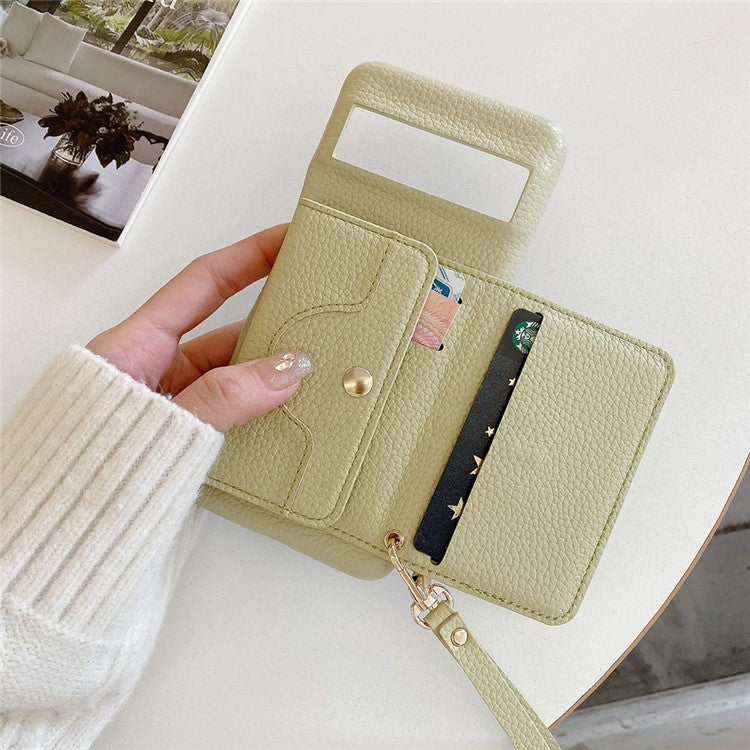 For Google Pixel 8a Case Mirror Design PU Leather Back Cover with Card Slots, Wrist Strap - Green