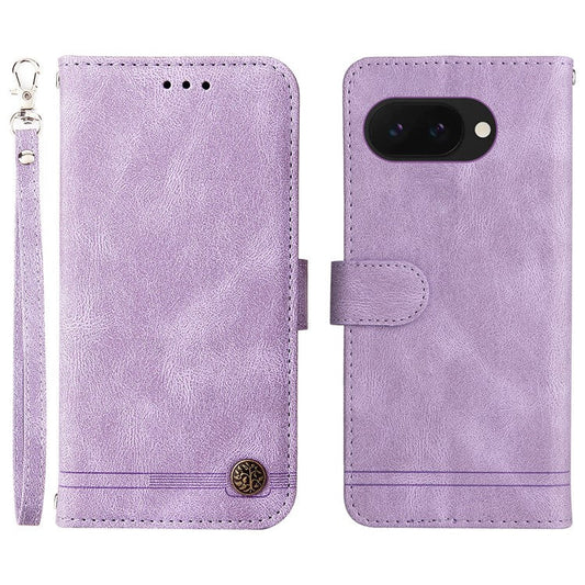 For Google Pixel 9a Wallet Case Skin Touch Leather Phone Cover Tree Pattern Hardware - Purple