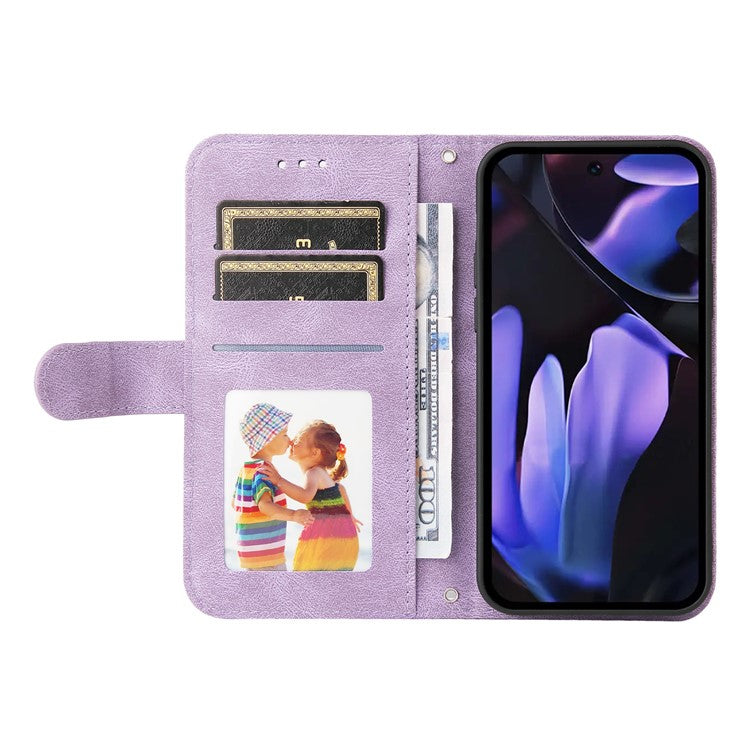 For Google Pixel 9a Wallet Case Skin Touch Leather Phone Cover Tree Pattern Hardware - Purple