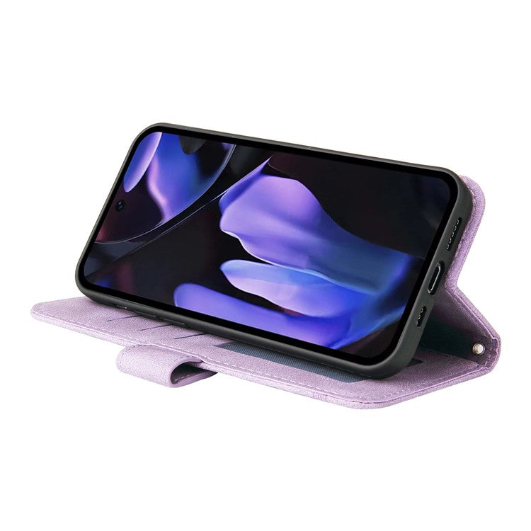 For Google Pixel 9a Wallet Case Skin Touch Leather Phone Cover Tree Pattern Hardware - Purple