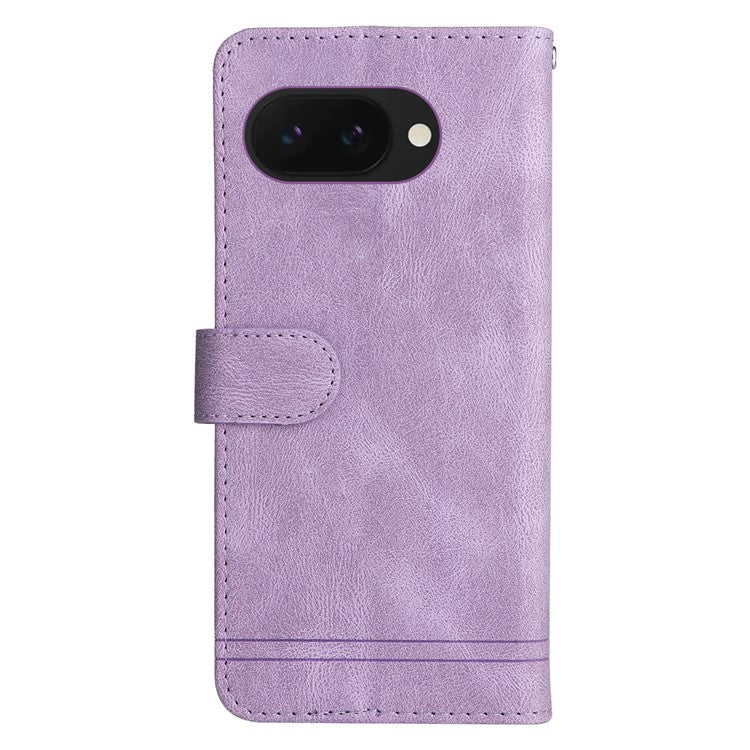 For Google Pixel 9a Wallet Case Skin Touch Leather Phone Cover Tree Pattern Hardware - Purple