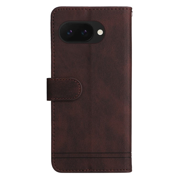 For Google Pixel 9a Wallet Case Skin Touch Leather Phone Cover Tree Pattern Hardware - Brown