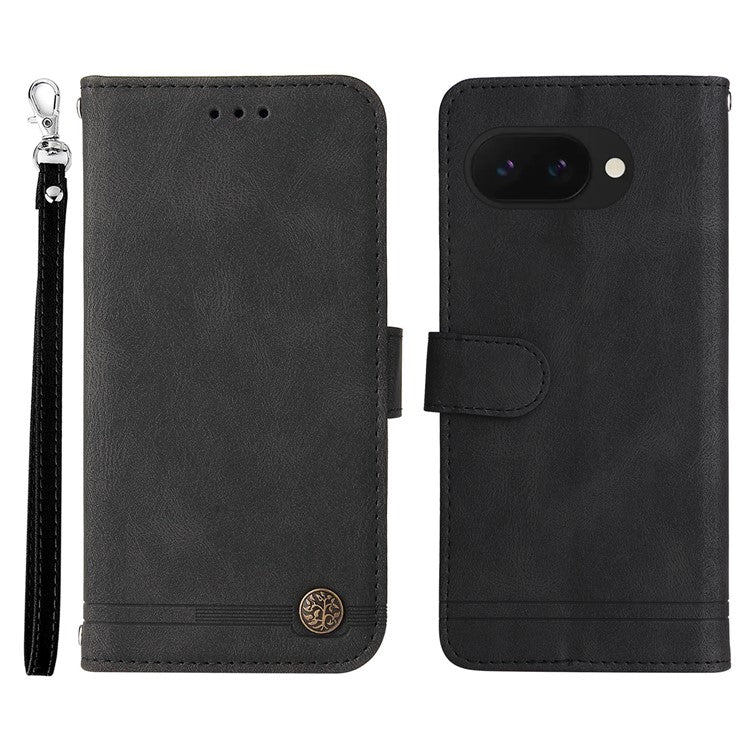 For Google Pixel 9a Wallet Case Skin Touch Leather Phone Cover Tree Pattern Hardware - Black