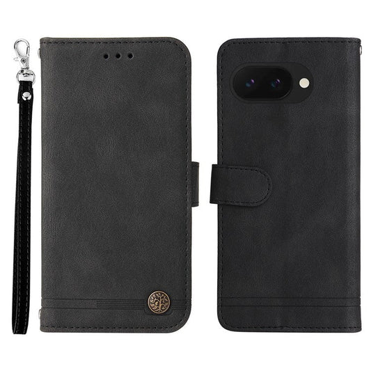 For Google Pixel 9a Wallet Case Skin Touch Leather Phone Cover Tree Pattern Hardware - Black