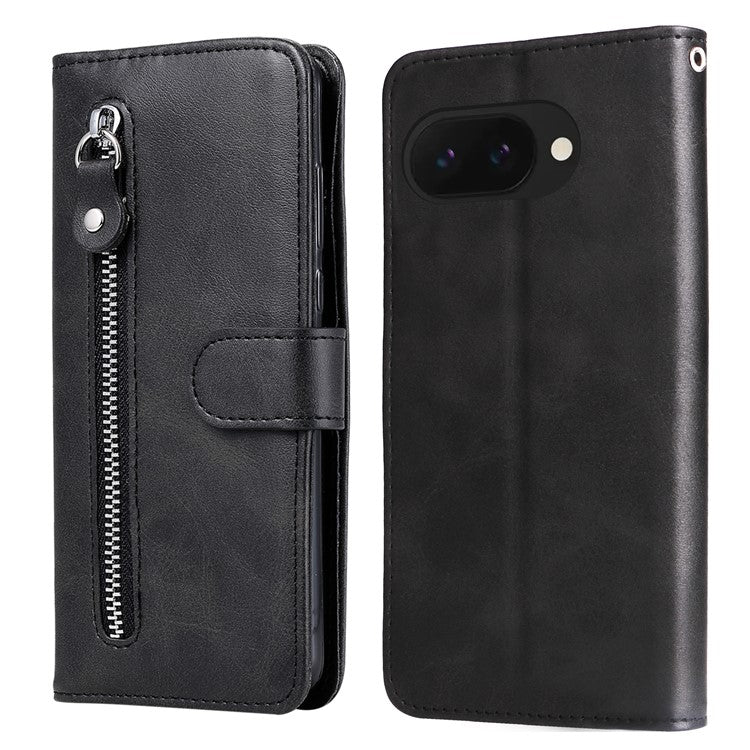 For Google Pixel 9a Case Zipper Wallet Calf Texture PU Leather Phone Cover - Black