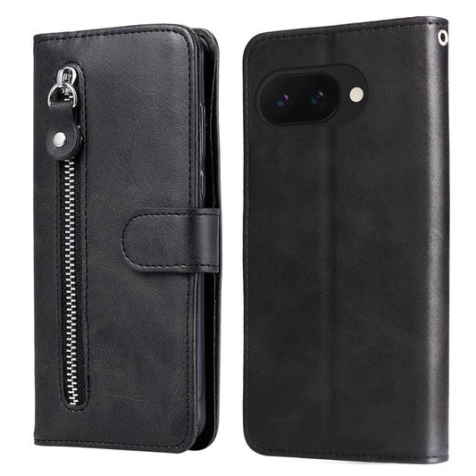 For Google Pixel 9a Case Zipper Wallet Calf Texture PU Leather Phone Cover - Black