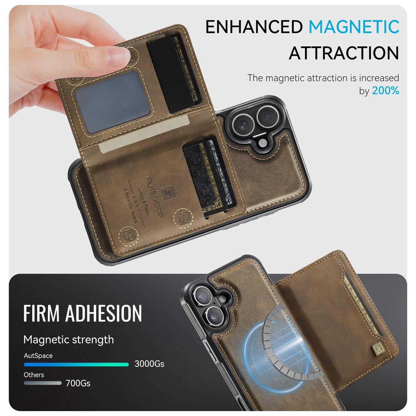 For iPhone 16 Case AUTSPACE A13 Vintage Leather Back Cover with Magnetic Detachable Card Bag - Coffee