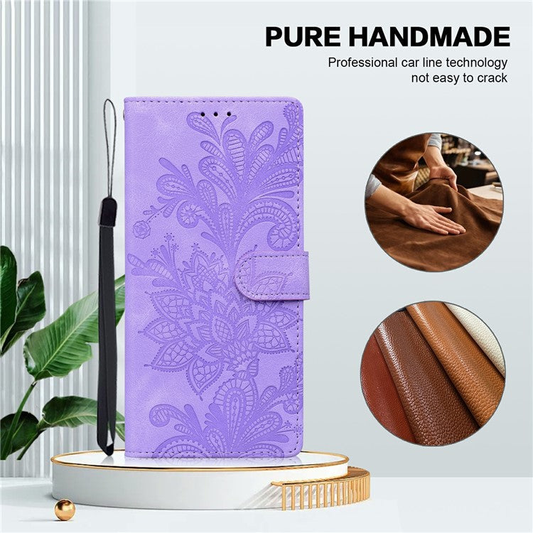 For iPhone 16 Pro Case Imprinted Lace Flowers PU Leather Wallet Phone Cover - Purple
