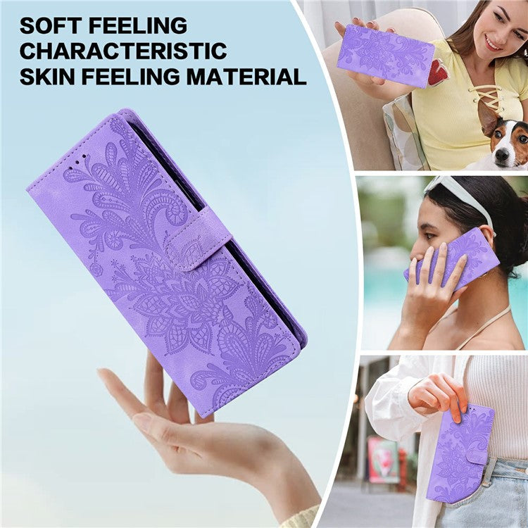 For iPhone 16 Pro Case Imprinted Lace Flowers PU Leather Wallet Phone Cover - Purple