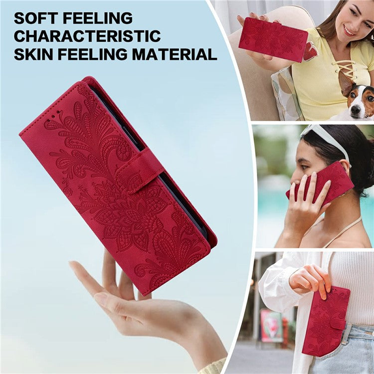 For Samsung Galaxy A55 5G Case Imprinted Lace Flowers PU Leather Wallet Phone Cover - Red