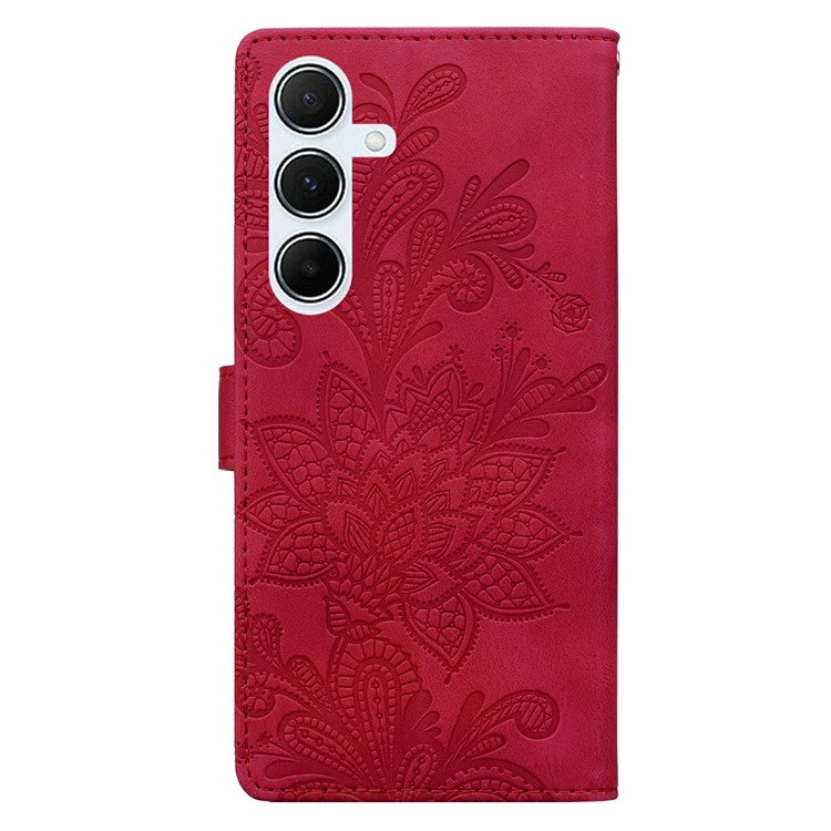 For Samsung Galaxy A55 5G Case Imprinted Lace Flowers PU Leather Wallet Phone Cover - Red