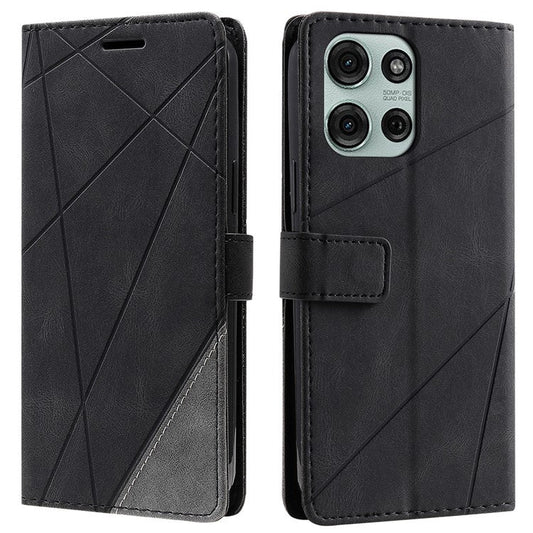 For Motorola Moto G75 5G Case Imprinted Lines PU Leather Splicing Wallet Phone Cover - Black
