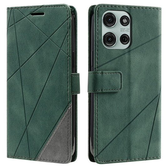 For Motorola Moto G75 5G Case Imprinted Lines PU Leather Splicing Wallet Phone Cover - Green