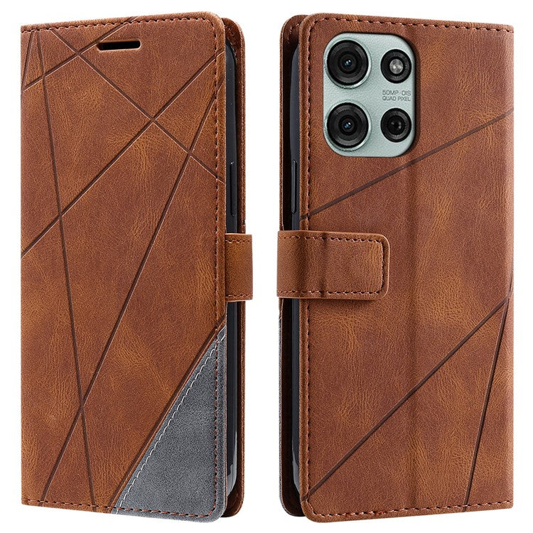 For Motorola Moto G75 5G Case Imprinted Lines PU Leather Splicing Wallet Phone Cover - Brown