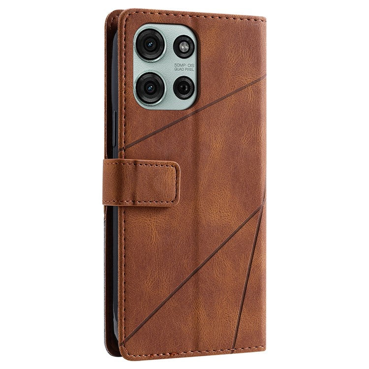For Motorola Moto G75 5G Case Imprinted Lines PU Leather Splicing Wallet Phone Cover - Brown