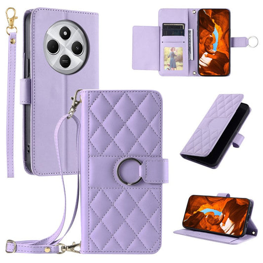 Crossbody Leather Case for Xiaomi Redmi A3 Pro 4G / Poco C75 4G / Redmi 14R 5G / 14C 4G Rhombus Mobile Cover - Purple
