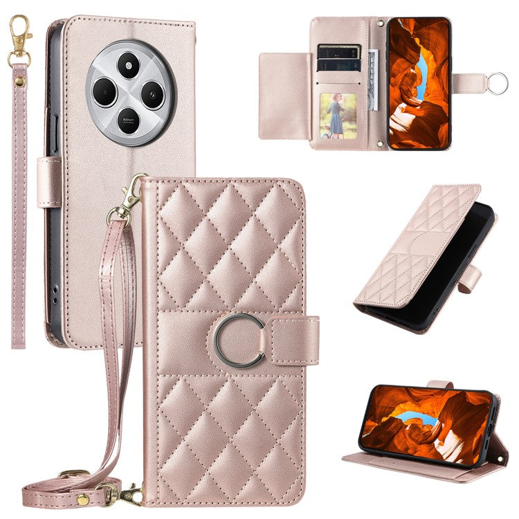 Crossbody Leather Case for Xiaomi Redmi A3 Pro 4G / Poco C75 4G / Redmi 14R 5G / 14C 4G Rhombus Mobile Cover - Rose Gold