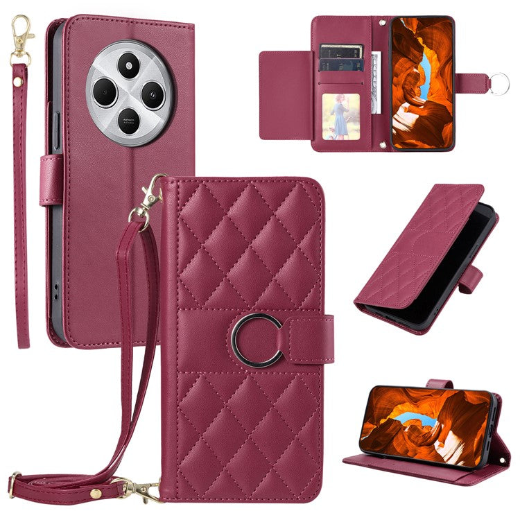 Crossbody Leather Case for Xiaomi Redmi A3 Pro 4G / Poco C75 4G / Redmi 14R 5G / 14C 4G Rhombus Mobile Cover - Red