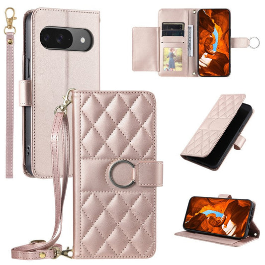 For Google Pixel 9 / 9 Pro Crossbody Leather Case Ring Buckle Wallet Stand Rhombus Mobile Cover - Rose Gold