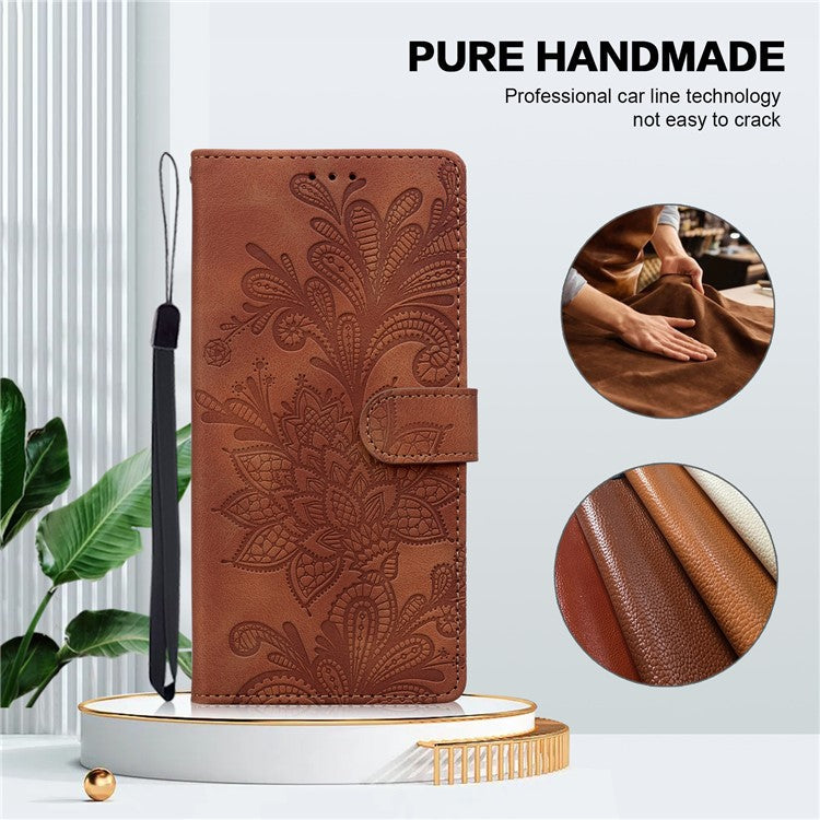 For Google Pixel 9 Pro  /  Pixel 9 Case Imprinted Lace Flowers PU Leather Wallet Phone Cover - Brown