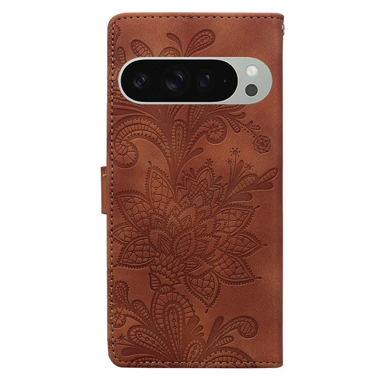 For Google Pixel 9 Pro  /  Pixel 9 Case Imprinted Lace Flowers PU Leather Wallet Phone Cover - Brown