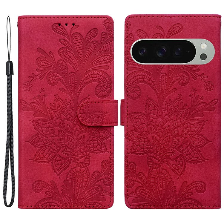 For Google Pixel 9 Pro  /  Pixel 9 Case Imprinted Lace Flowers PU Leather Wallet Phone Cover - Red