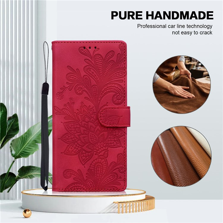 For Google Pixel 9 Pro  /  Pixel 9 Case Imprinted Lace Flowers PU Leather Wallet Phone Cover - Red