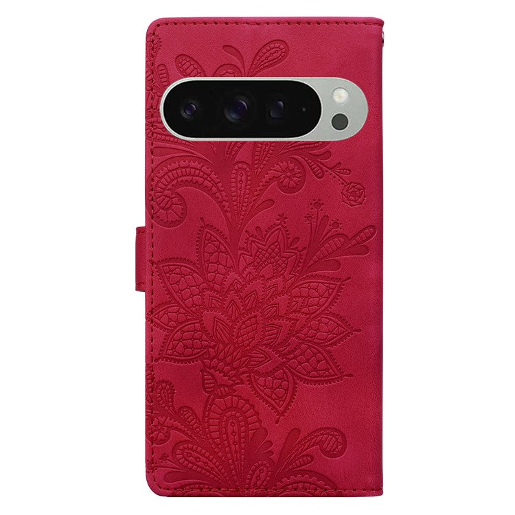 For Google Pixel 9 Pro  /  Pixel 9 Case Imprinted Lace Flowers PU Leather Wallet Phone Cover - Red