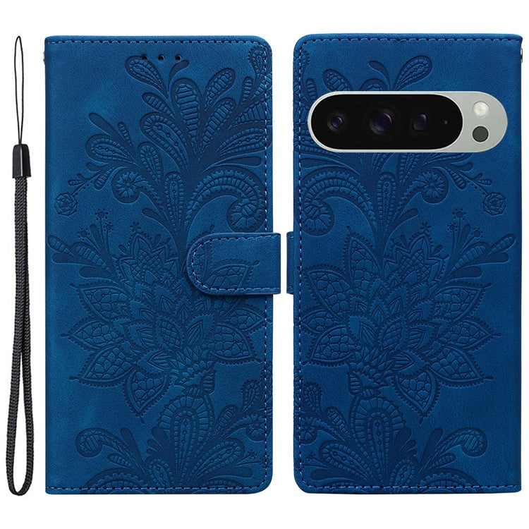 For Google Pixel 9 Pro  /  Pixel 9 Case Imprinted Lace Flowers PU Leather Wallet Phone Cover - Dark Blue