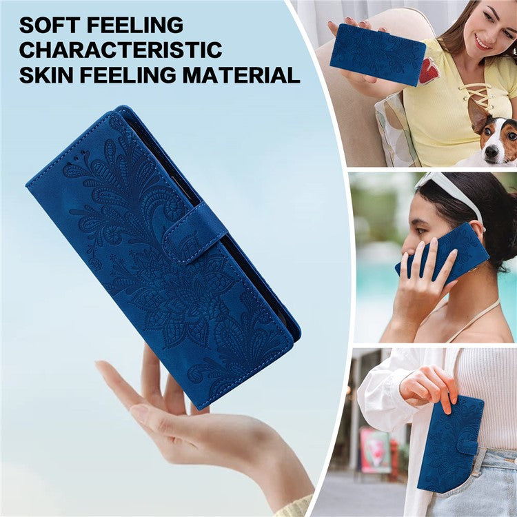 For Google Pixel 9 Pro  /  Pixel 9 Case Imprinted Lace Flowers PU Leather Wallet Phone Cover - Dark Blue