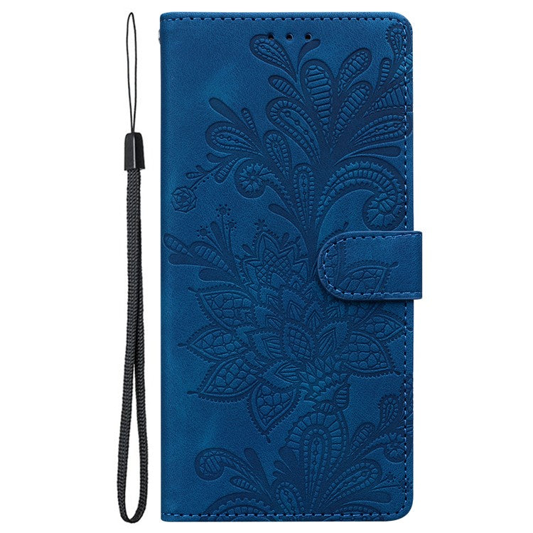 For Google Pixel 9 Pro  /  Pixel 9 Case Imprinted Lace Flowers PU Leather Wallet Phone Cover - Dark Blue