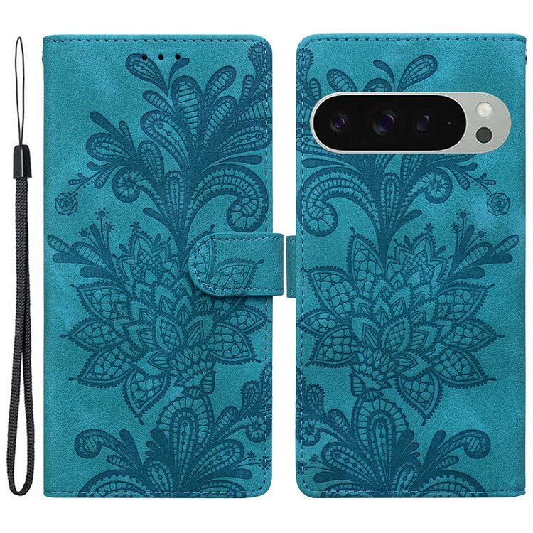 For Google Pixel 9 Pro XL Case Imprinted Lace Flowers PU Leather Wallet Phone Cover - Green