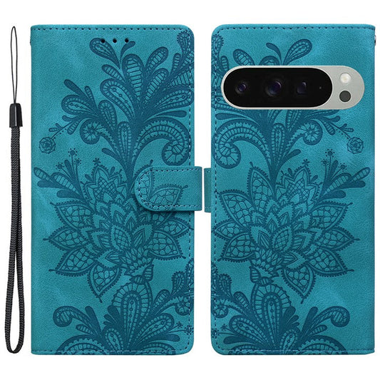 For Google Pixel 9 Pro XL Case Imprinted Lace Flowers PU Leather Wallet Phone Cover - Green