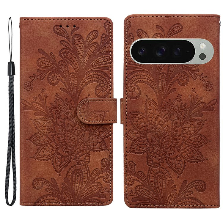 For Google Pixel 9 Pro XL Case Imprinted Lace Flowers PU Leather Wallet Phone Cover - Brown