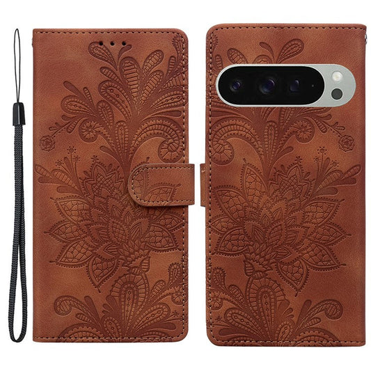 For Google Pixel 9 Pro XL Case Imprinted Lace Flowers PU Leather Wallet Phone Cover - Brown