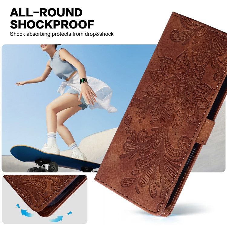 For Google Pixel 9 Pro XL Case Imprinted Lace Flowers PU Leather Wallet Phone Cover - Brown