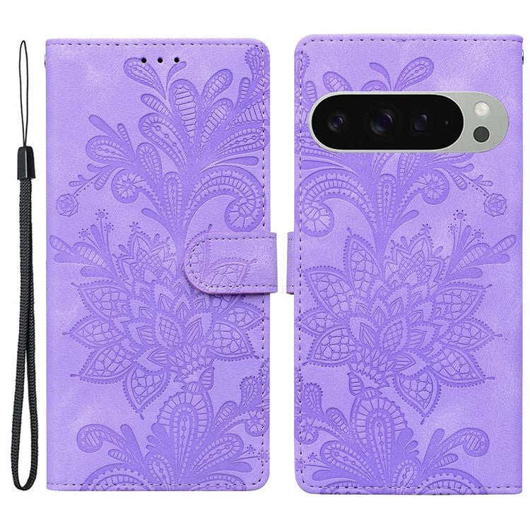 For Google Pixel 9 Pro XL Case Imprinted Lace Flowers PU Leather Wallet Phone Cover - Purple