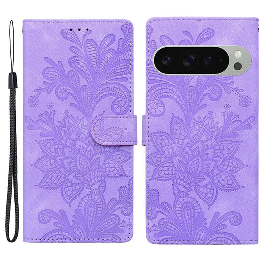 For Google Pixel 9 Pro XL Case Imprinted Lace Flowers PU Leather Wallet Phone Cover - Purple